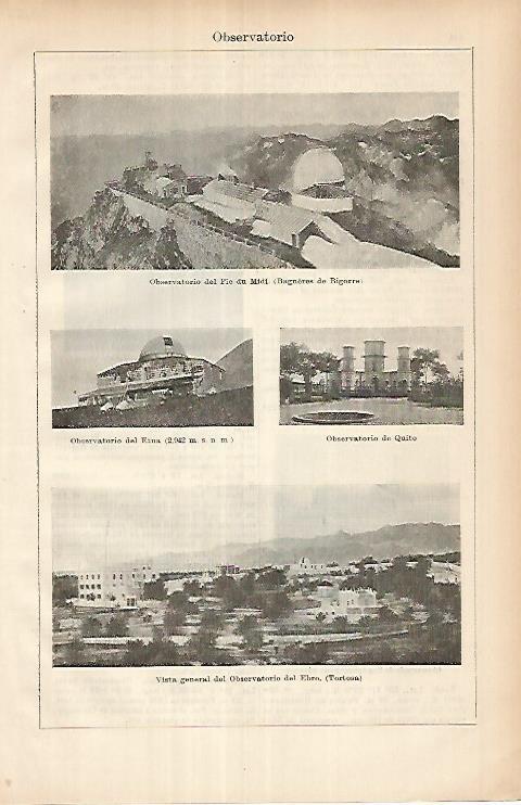 LAMINA ESPASA 25907: Observatorios de Pic de Midi del Etna de Quito y Del Ebro