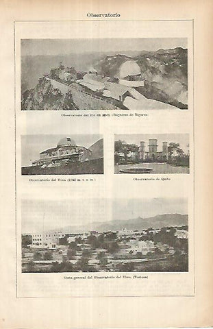 LAMINA ESPASA 25907: Observatorios de Pic de Midi del Etna de Quito y Del Ebro