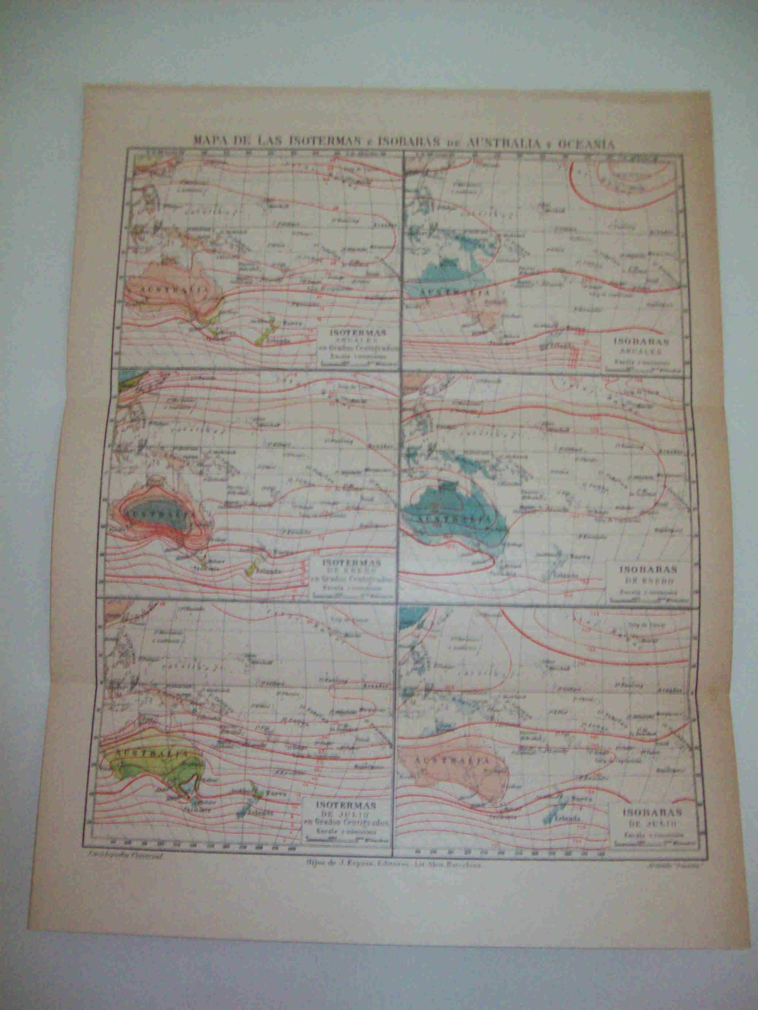 LAMINA ESPASA 25933: Mapa de las isotermas e isobaras de Ausstralia y Oceania