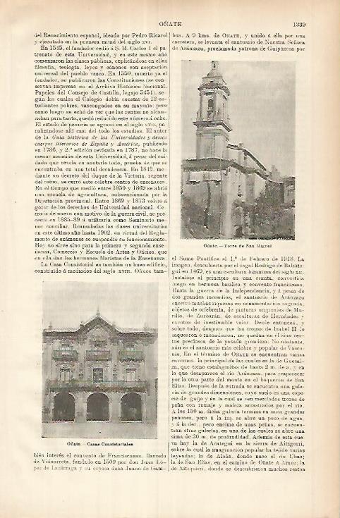 LAMINA ESPASA 26062: Torre de San Miguel en Oñate Guipuzcoa