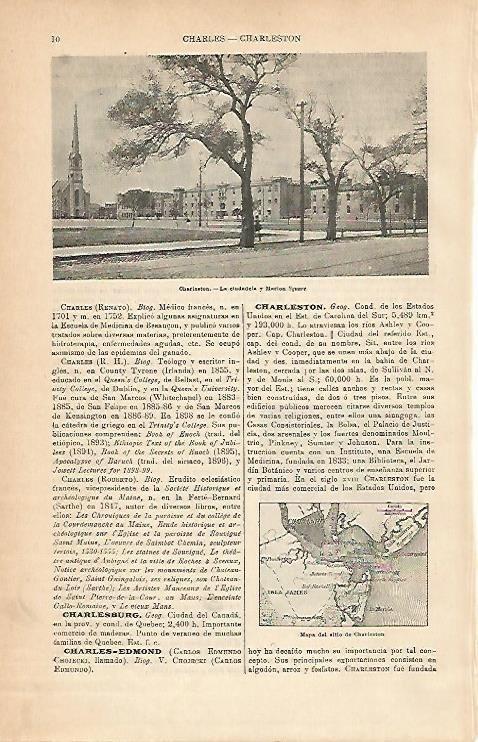 LAMINA ESPASA 1897: Ciudadela y Marion Square de Charleston Estados Unidos