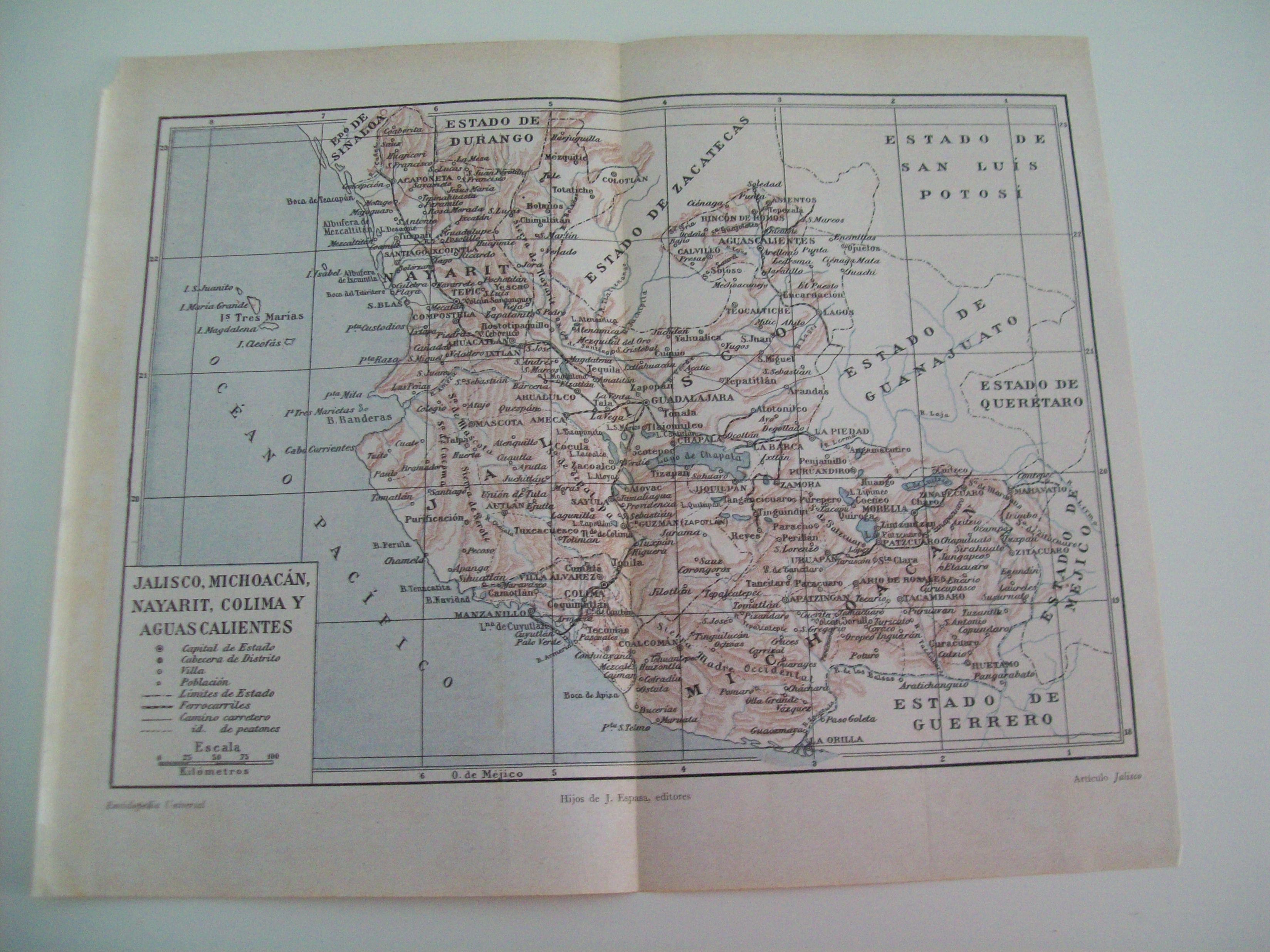 LAMINA ESPASA 6139: Mapa de Jalisco Michoacan Nayarit Colima y Aguas Calientes de Mexico
