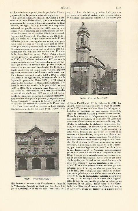 LAMINA ESPASA 21413: Ayuntamiento y Torre de San Miguel en Oñate Guipuzcoa