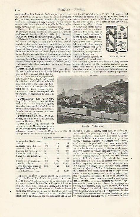LAMINA ESPASA 21114: Escudo y vista de Jumilla Murcia