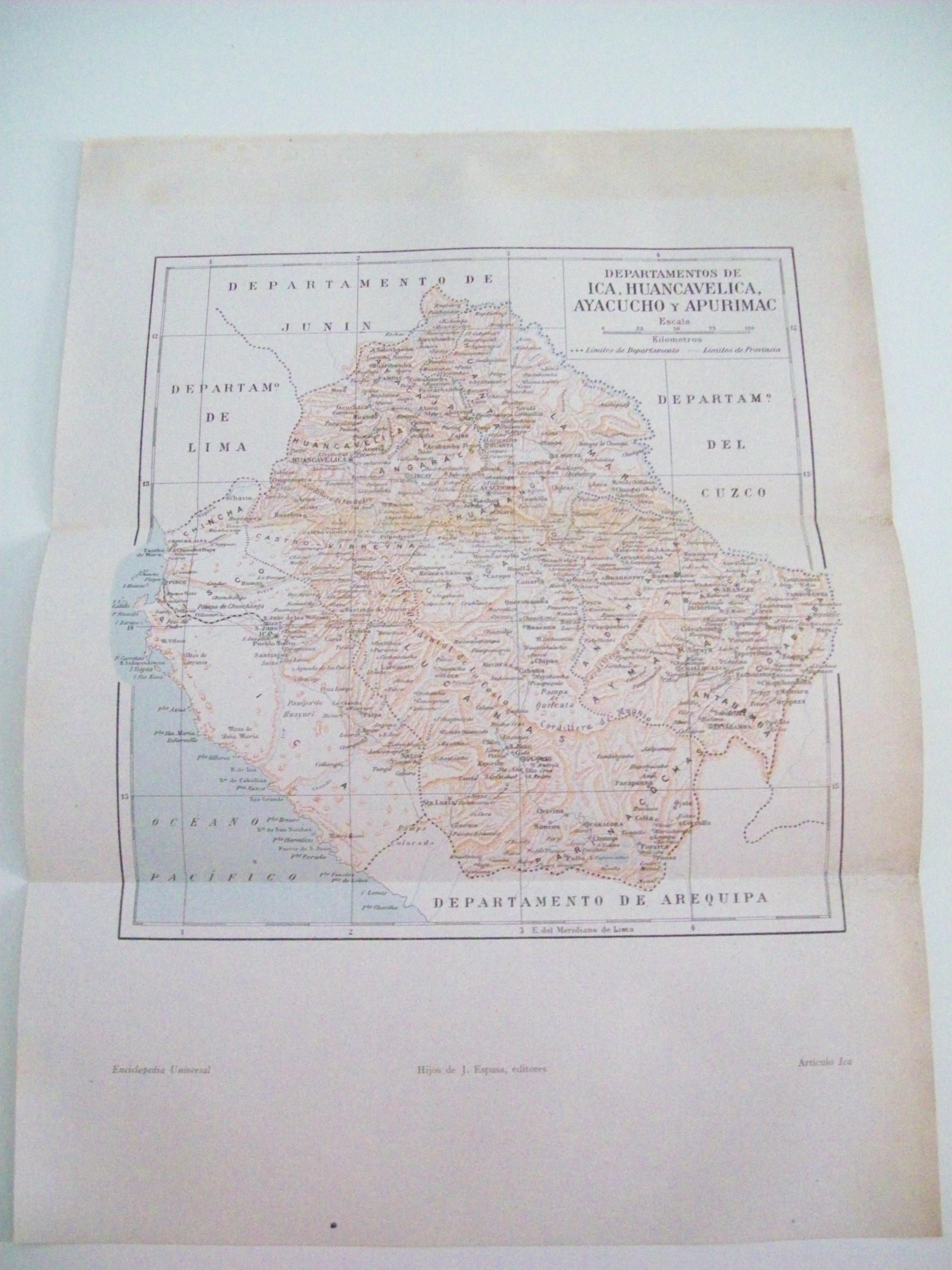 LAMINA ESPASA 4523: Mapa de los departamentos de Ica Huancavelica Ayacuch y Apumirac en Peru