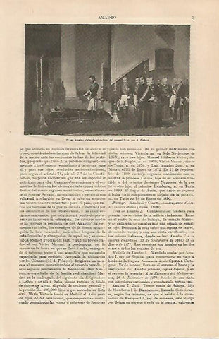 LAMINA ESPASA 23641: El rey Amadeo visitando el cadaver del General Prim por A. Gisbert