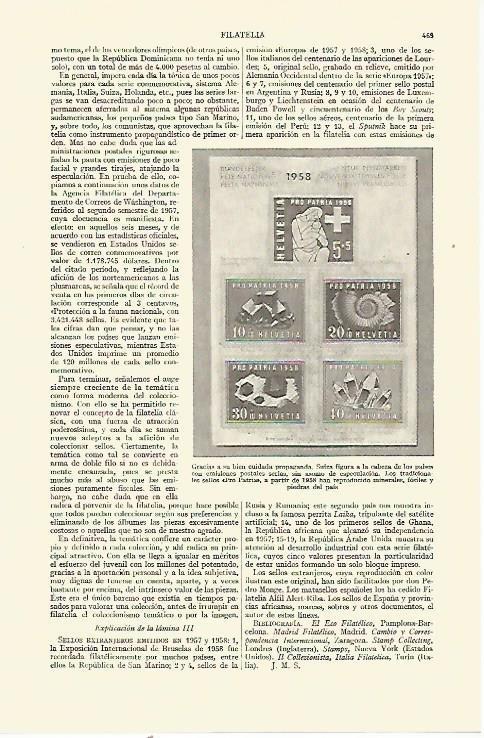 LAMINA ESPASA 21643: Sellos de Suiza de 1958