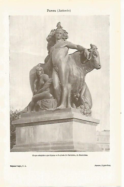 LAMINA ESPASA 26091: Escultura de la Plaza de Cataluña en Barcelona