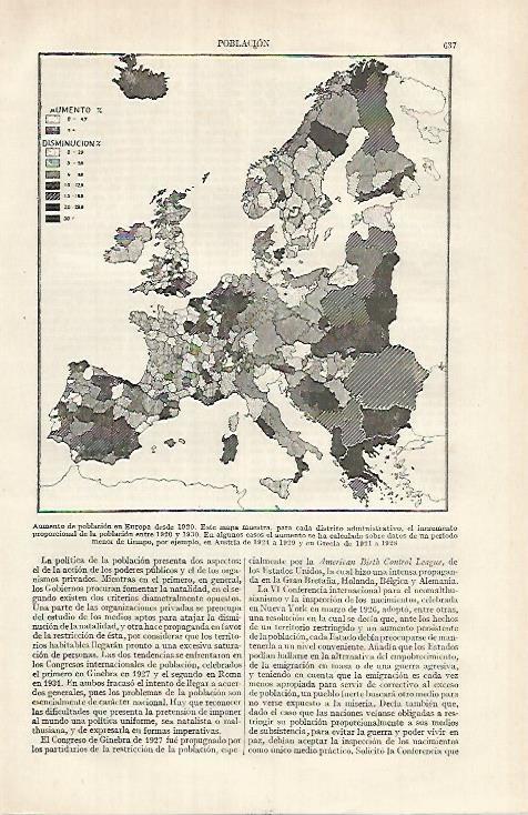 LAMINA ESPASA 26128: Mapa de la poblacion de Europa 1920-1930