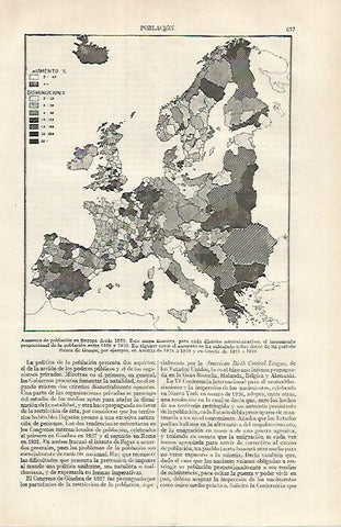 LAMINA ESPASA 26128: Mapa de la poblacion de Europa 1920-1930