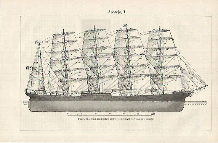 LAMINA ESPASA 26203: Buque de 5 palos con aparejo completo