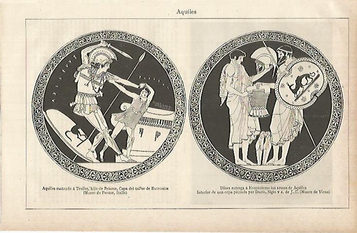 LAMINA ESPASA 26233: Aquiles matando a Troilos y Ulises entregando las armas de Aquiles