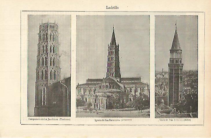 LAMINA ESPASA 26321: Campanario de los Jacobinos en Toulouse y Torre en Milan
