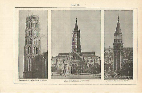 LAMINA ESPASA 26321: Campanario de los Jacobinos en Toulouse y Torre en Milan