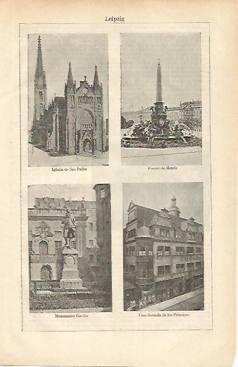LAMINA ESPASA 26514: Iglesia Fuente de Mende Monumento a Goethe y Casa de los Principes de Leipzig