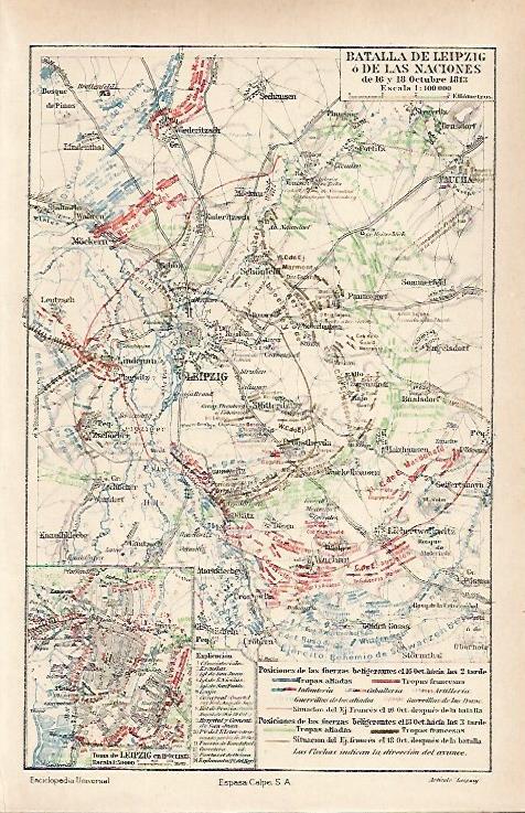 LAMINA ESPASA 26517: Mapa de las batallas de Leipzig o de las Naciones (16 y 18 octubre de 1813)