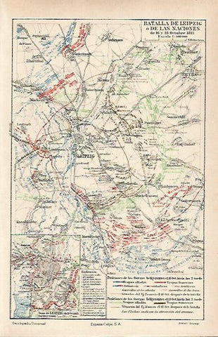 LAMINA ESPASA 26517: Mapa de las batallas de Leipzig o de las Naciones (16 y 18 octubre de 1813)