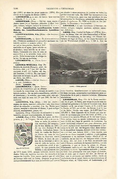 LAMINA ESPASA 26532: Escudo dee Leniz y Vista de Lenk