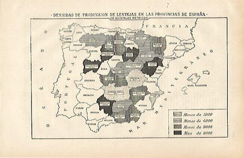 LAMINA ESPASA 26533: Mapa de España de la densidad de produccion de lentejas
