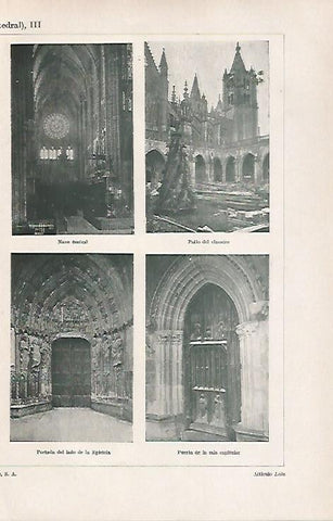 LAMINA ESPASA 26557: Nave claustro y portada de la Catedral de Leon