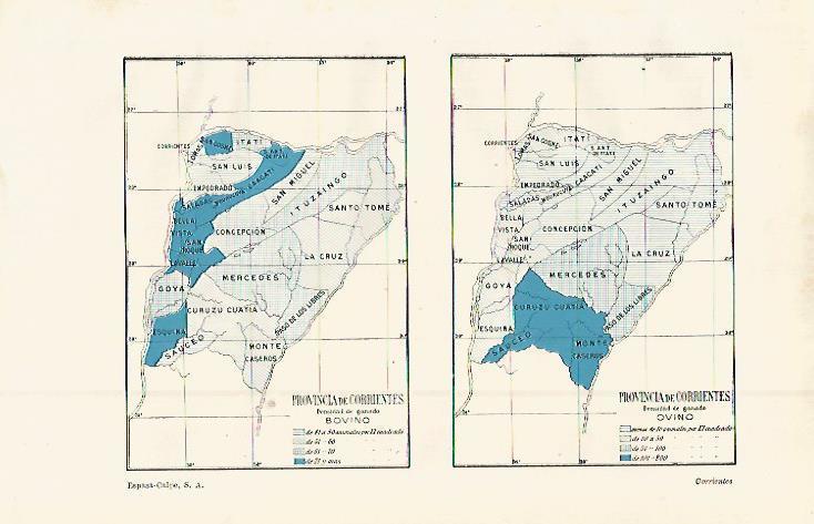 LAMINA ESPASA 15058: Mapa de ovino y bovino de la provincia de Corrientes Argentina