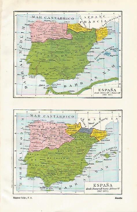 LAMINA ESPASA 15632: Mapa de España de 866-967 y de 967-1072