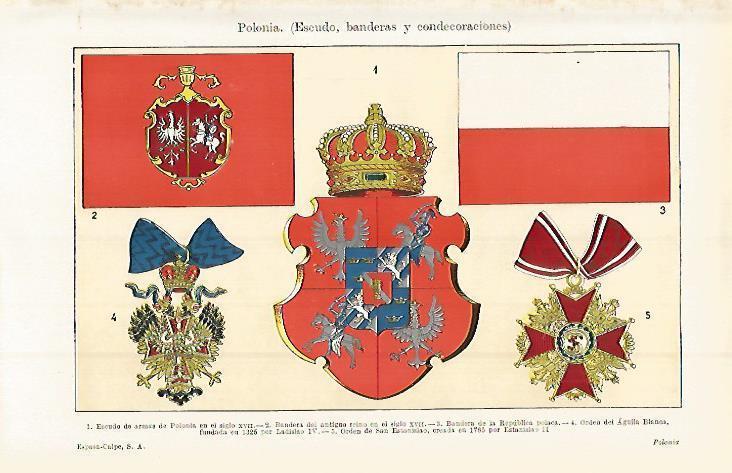 LAMINA ESPASA 15178: Escudo bandera y condecoraciones de Polonia