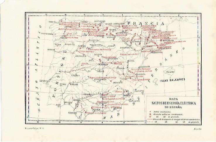 LAMINA ESPASA 15592: Mapa de España de saltos de energia electrica
