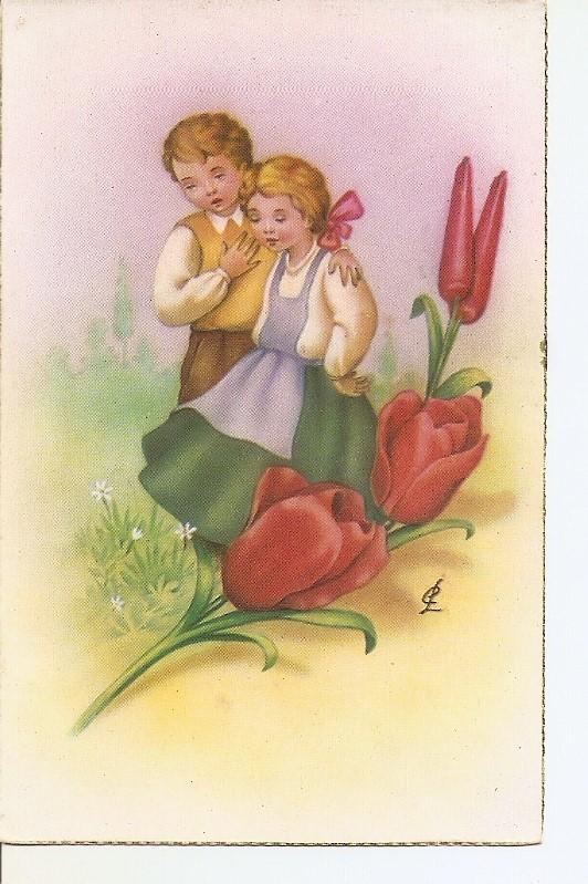Postal 036395 : Dibujo. Pareja de jovenes paseando por el campo