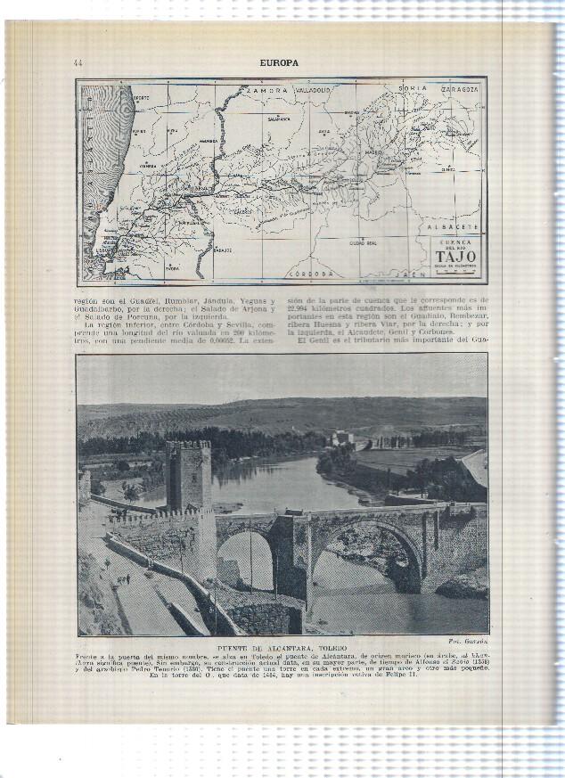 Lamina/sheet/feuille numerada 043/044: Cuenca del Rio Tajo, Puente de Alcantara en Toledo y vista del rio Tajo en Toledo