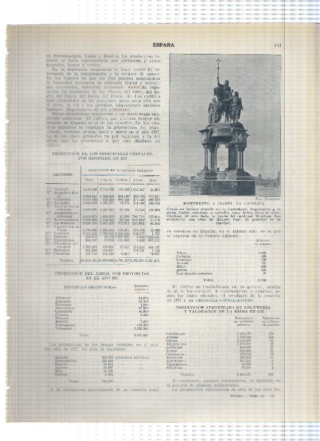 Lamina/sheet/feuille numerada 141/142: estudio produccion cerealez, arroz, legumbre, vid en 1926/27 en España y Monumento Isabel la catolica y Alfonso XII en Madrid