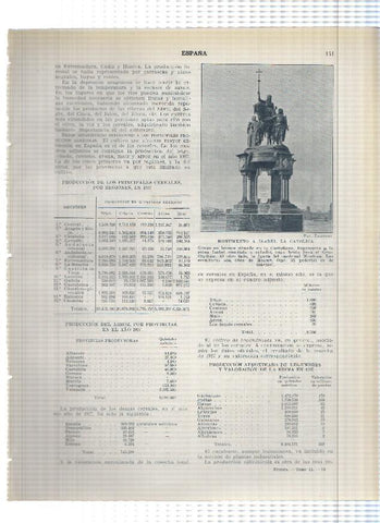 Lamina/sheet/feuille numerada 141/142: estudio produccion cerealez, arroz, legumbre, vid en 1926/27 en España y Monumento Isabel la catolica y Alfonso XII en Madrid