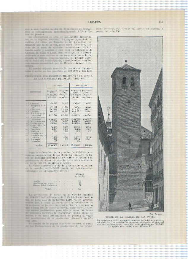 Lamina/sheet/feuille numerada 143/144: estudio produccion aceitunas aceite, cereales y vino en 1926/27 en España y Torre de la iglesia de San Pedro y Madrid a vista de pajaro
