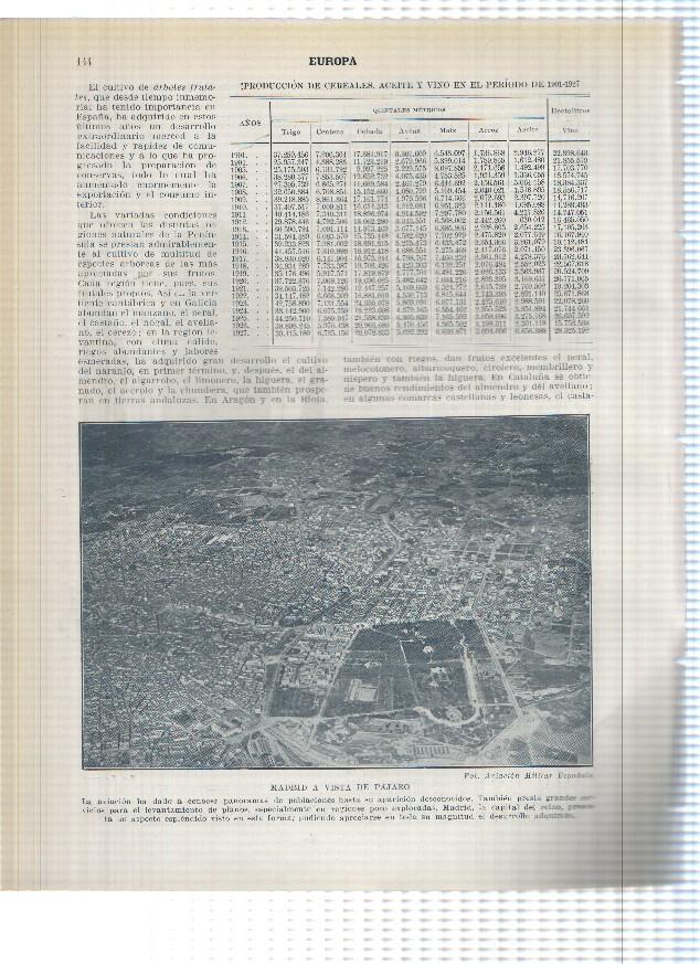 Lamina/sheet/feuille numerada 143/144: estudio produccion aceitunas aceite, cereales y vino en 1926/27 en España y Torre de la iglesia de San Pedro y Madrid a vista de pajaro