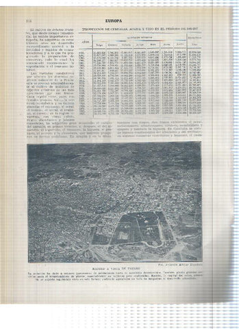 Lamina/sheet/feuille numerada 143/144: estudio produccion aceitunas aceite, cereales y vino en 1926/27 en España y Torre de la iglesia de San Pedro y Madrid a vista de pajaro