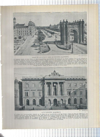 Lamina/sheet/feuille numerada 159/160:  Salon de San Juan, Arco de Triunfo, Ayuntamiento y calle del obispo de Barcelona 