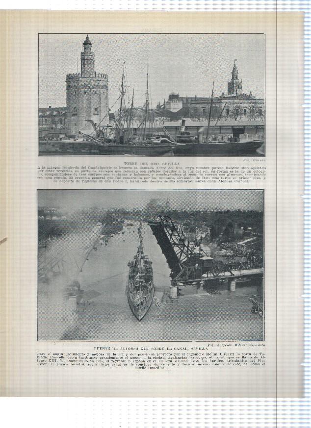 Lamina/sheet/feuille numerada 185/186:  Patio de las muñecas del alcazar y Torre del oro y Puente de Alfonso XIII  de Sevilla