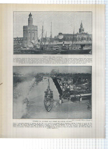 Lamina/sheet/feuille numerada 185/186:  Patio de las muñecas del alcazar y Torre del oro y Puente de Alfonso XIII  de Sevilla