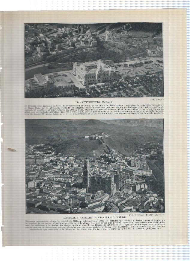 Lamina/sheet/feuille numerada 187/188:  El ayuntamiento, catedral y castillo de Gibralfaro y La Caleta de Malaga