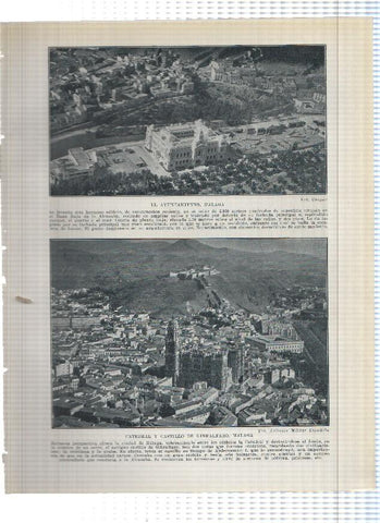 Lamina/sheet/feuille numerada 187/188:  El ayuntamiento, catedral y castillo de Gibralfaro y La Caleta de Malaga