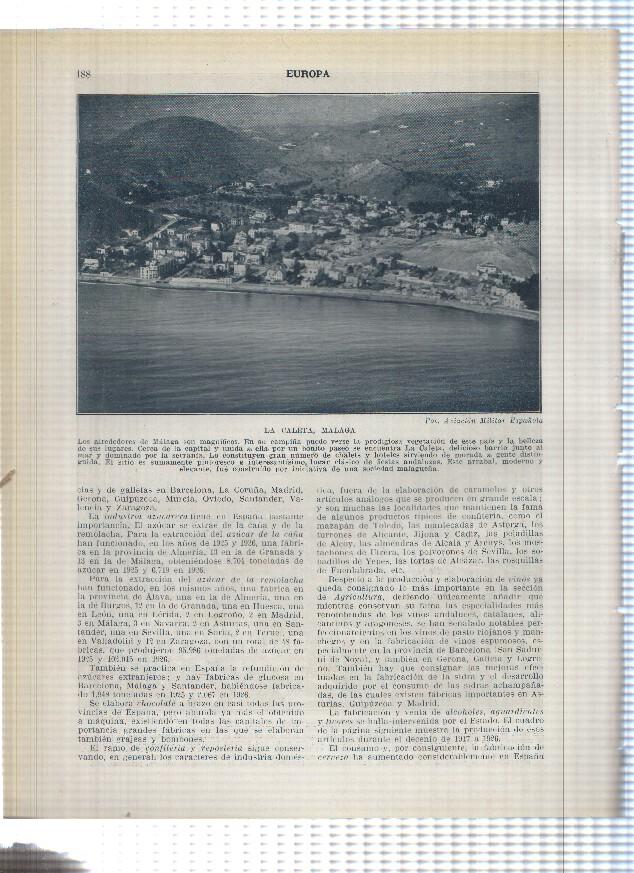 Lamina/sheet/feuille numerada 187/188:  El ayuntamiento, catedral y castillo de Gibralfaro y La Caleta de Malaga