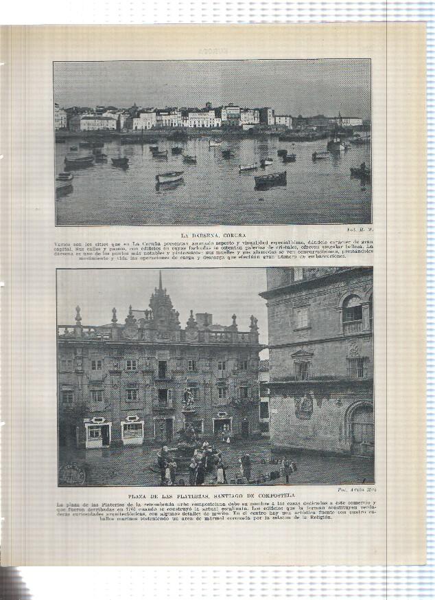 Lamina/sheet/feuille numerada 227/228: La Darsena de la Coruña, Plaza de las platerias y Hospital en Santiago Compostela y Vista de Almeria