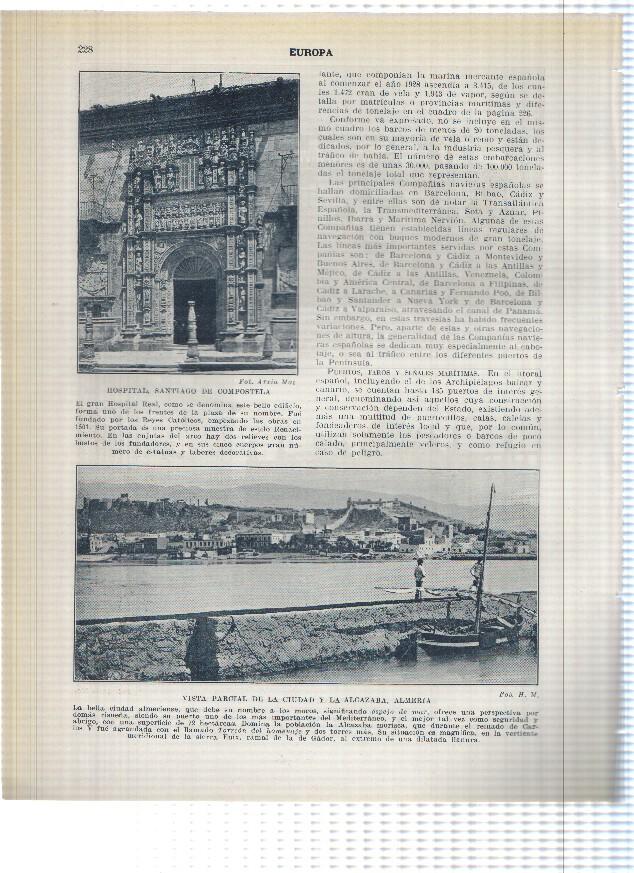 Lamina/sheet/feuille numerada 227/228: La Darsena de la Coruña, Plaza de las platerias y Hospital en Santiago Compostela y Vista de Almeria