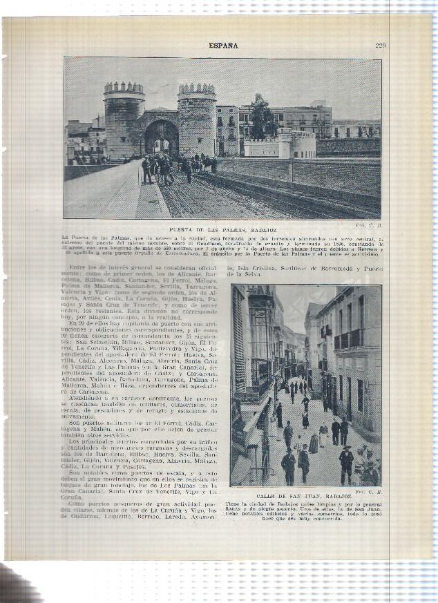 Lamina/sheet/feuille numerada 229/230: Puerta de las palmas y calle san Juan de Badajoz y vista de Huelva y muelle compañia Riotinto en Huelva