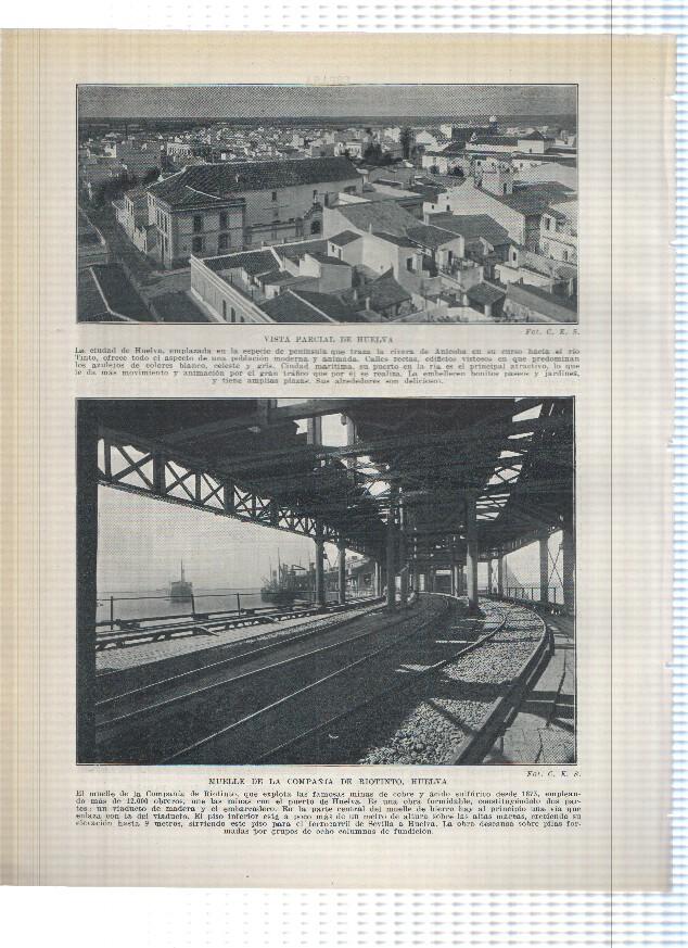 Lamina/sheet/feuille numerada 229/230: Puerta de las palmas y calle san Juan de Badajoz y vista de Huelva y muelle compañia Riotinto en Huelva