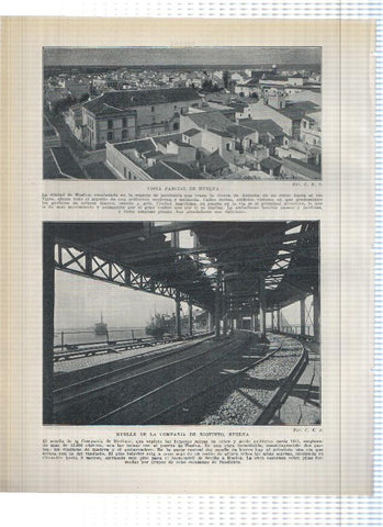 Lamina/sheet/feuille numerada 229/230: Puerta de las palmas y calle san Juan de Badajoz y vista de Huelva y muelle compañia Riotinto en Huelva