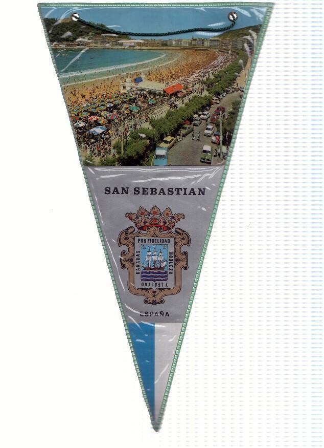 BANDERIN: SAN SEBASTIAN - Vista de la Playa de la Concha desde Mirakontxa Pasealekua y escudo de la localidad