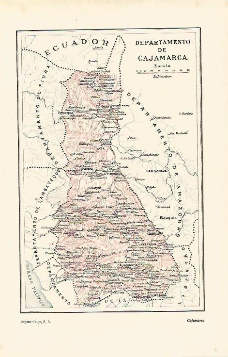 LAMINA ESPASA 14680: Mapa del departamento de Cajamarca Peru