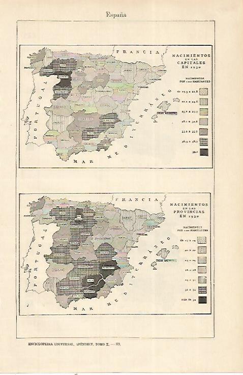 LAMINA ESPASA 22482: Nacimientos en capitales y provincias de España en 1930