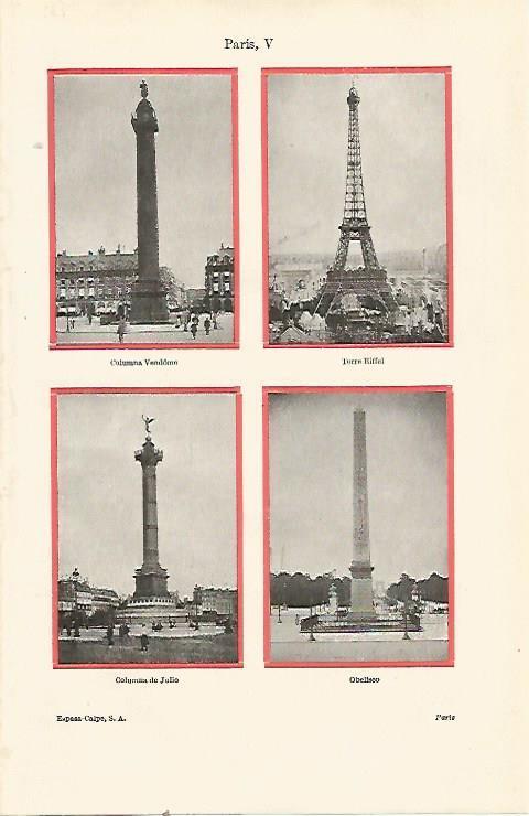 LAMINA ESPASA 23344: Columna Vendome Torre Eiffel Columna de Julio y Obelisco de Paris